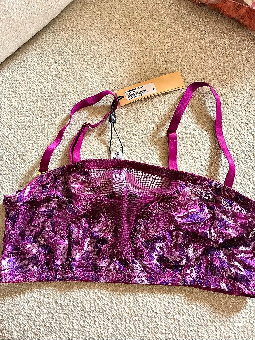 Cosabella Paradiso Bandeau Floral Lace Bandeau Purple Small NWT Swiss Beet NWT